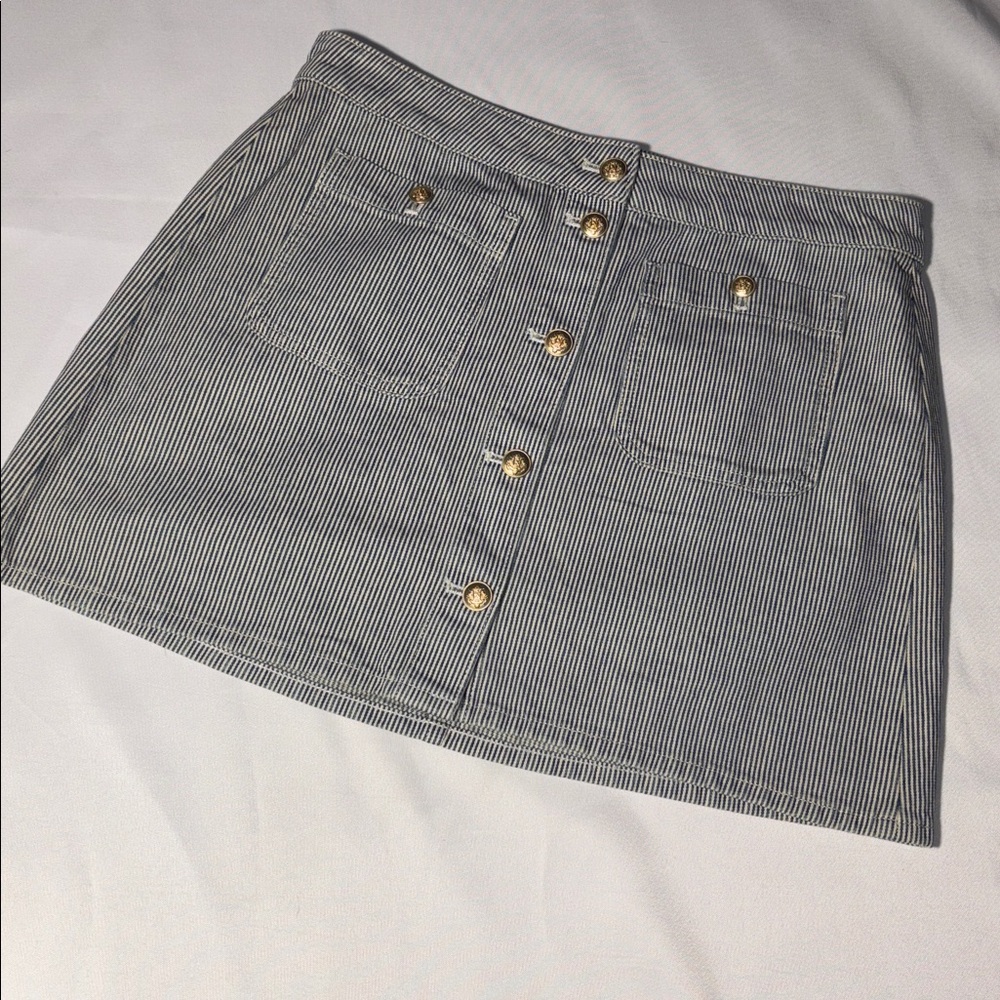 J Crew Denim Mini Skirt Blue & White Pinstripe Nautical Gold Button-Front